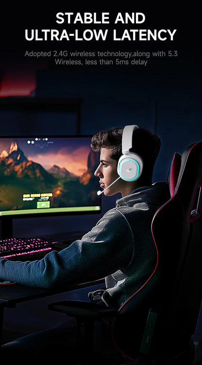 Auscultadores Gaming Sem Fios Picun G2 Bluetooth 5.3 – Som Surround 7.1, Baixa Latência de 5ms e Microfone ENC para PC, PS5, PS4, Switch e Mobile