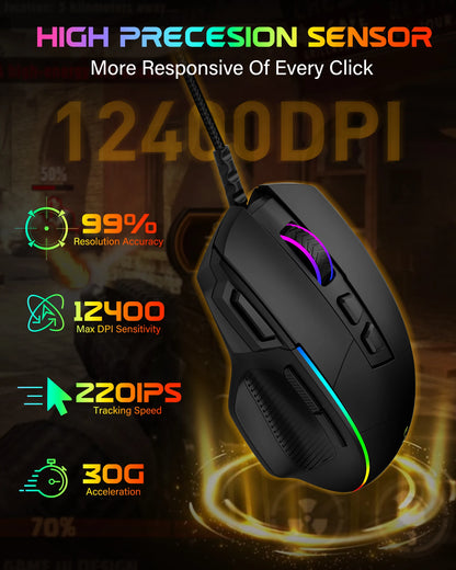 Mouse da gaming cablato E-YOOSO X49, 12400 DPI regolabili, retroilluminazione RGB, 8 pulsanti programmabili, mouse ergonomico per gamer per PC e laptop