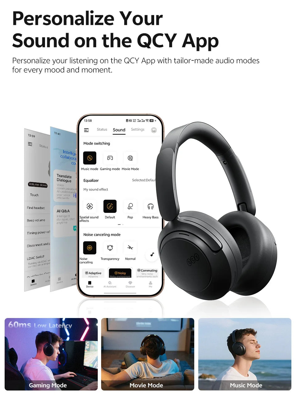 QCY H3S -56dB ANC adaptativa Auriculares Bluetooth 6.0 circumaurales – Auriculares inalámbricos Hi-Res LDAC, batería de 102H, sonido espacial con doble transductor
