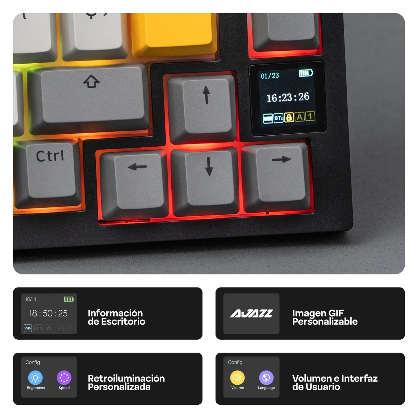 Distribución ISO-ES EPOMAKER X AJAZZ AK820 PRO 75% teclado mecánico con distribución española, cable/2.4GHz/BT, pantalla y perilla para Pc/Mac