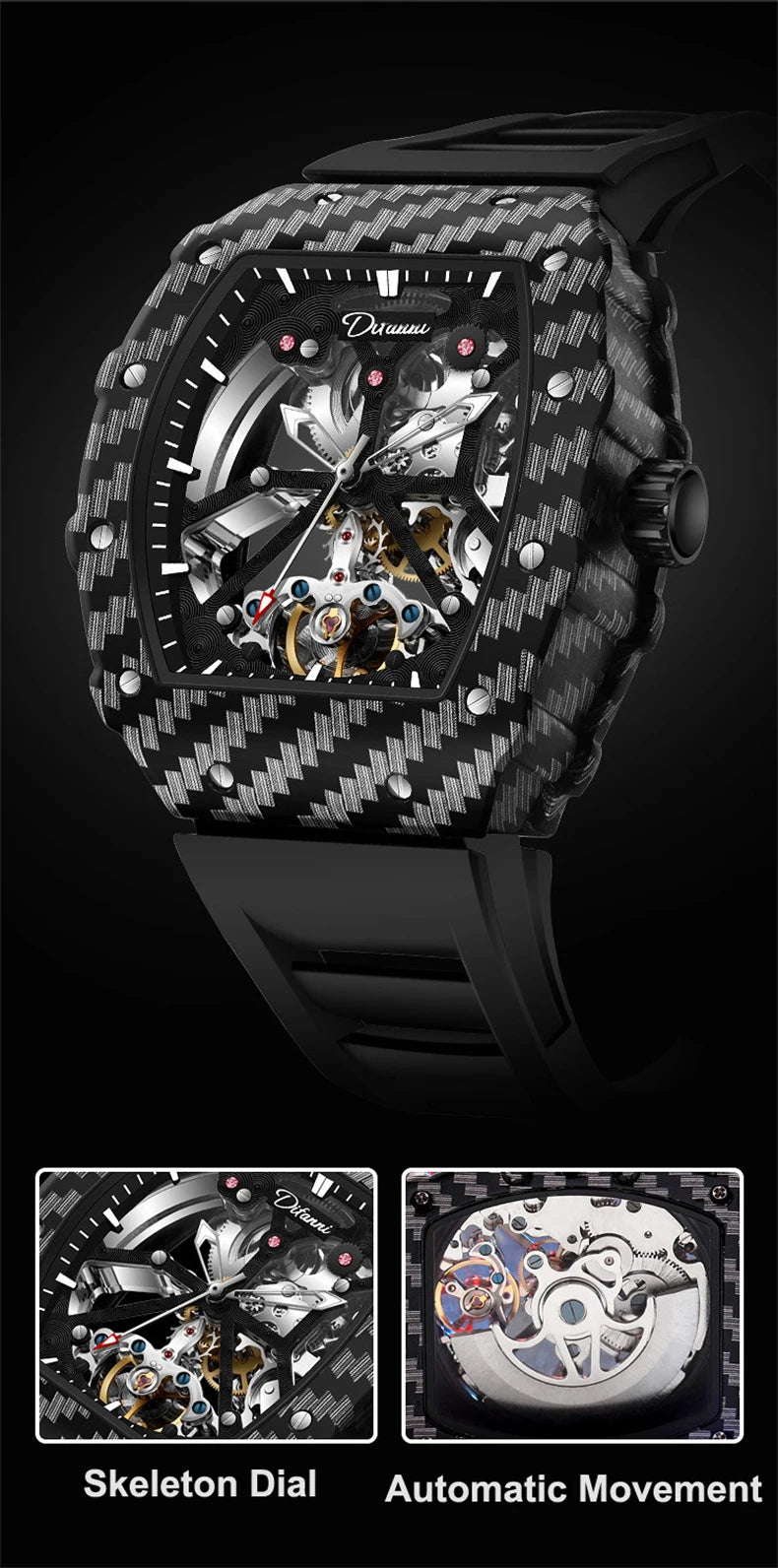 Mechaniczny zegarek Tourbillion dla mężczyzn, silikonowy pasek, szkieletowa koperta tonneau, automatyczne zegarki męskie, luksusowa topowa marka, reloj hombre
