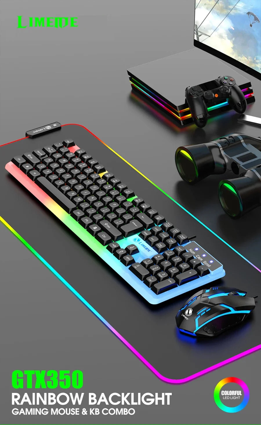 NG GTX350 Set tastiera e mouse gaming per computer e laptop con retroilluminazione, kit gamer LED cablato USB, GTX350 - Nero