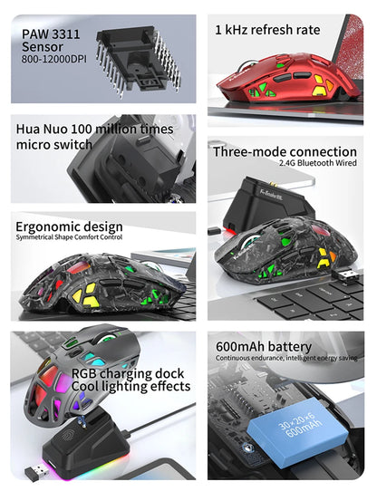 Lenovo Tri-Mode -kevyt pelihiiri RGB-lataustelakalla, 12000DPI, 2.4G/Bluetooth/langallinen ergonominen hiiri PC:lle ja kannettavalle tietokoneelle