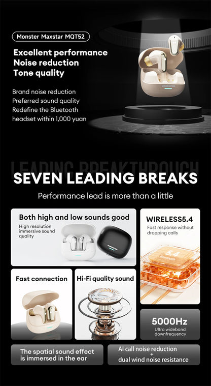 Auricolari wireless Bluetooth 5.4 Monster MQT52 a lunga autonomia, cuffie gaming dual mode con audio stereo HiFi e microfono