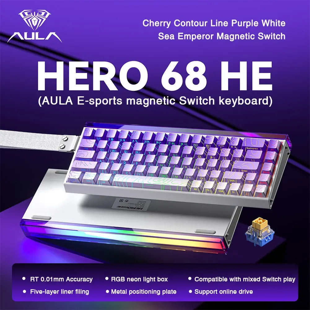 AULA HERO68 HE Tastiera con switch magnetici, Rapid Trigger, polling rate 8K, tastiera da gaming eSports RGB cablata meccanica