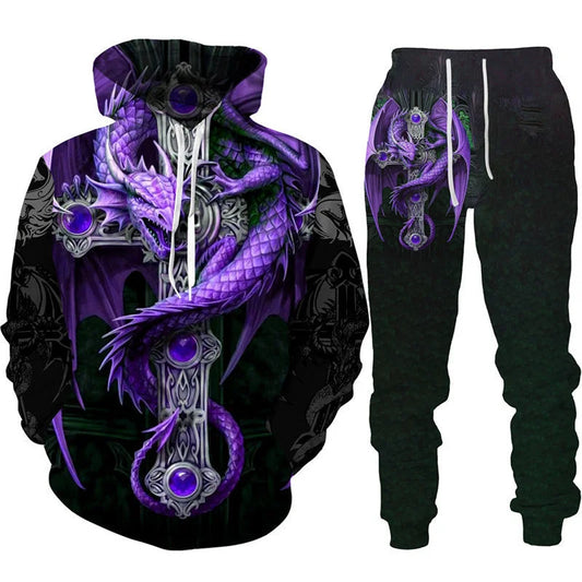 Retro Dragon Tattoo 3D print trenirka za muškarce i žene, ležerni komplet s kapuljačom + hlače, 2 komada, oversized sweatshirt, moderna muška odjeća