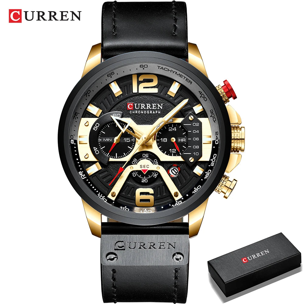 Relógio para homem CURREN 8329 – Estilo desportivo descontraído, design militar, bracelete em pele, cronógrafo na moda, relógio de luxo de grande marca