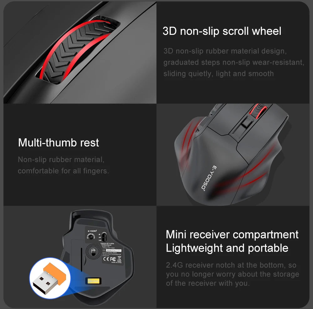 Ratón gaming E-YOOSO X-31 Pro USB grande con Bluetooth 2.4G inalámbrico, PAW3212, 4800 DPI, para gamers, ordenador portátil y PC