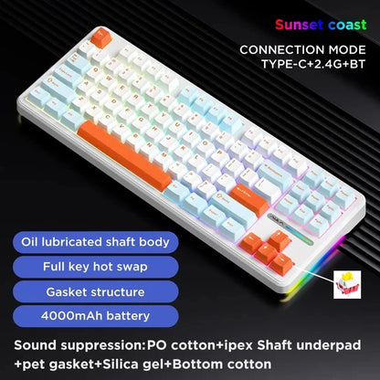 Teclado mecánico AULA F87 Pro 2.4g/USB/Bluetooth inalámbrico trimodo de 87 teclas, RGB, PBT, gasket, 5 capas de amortiguación, teclas completas sin impacto