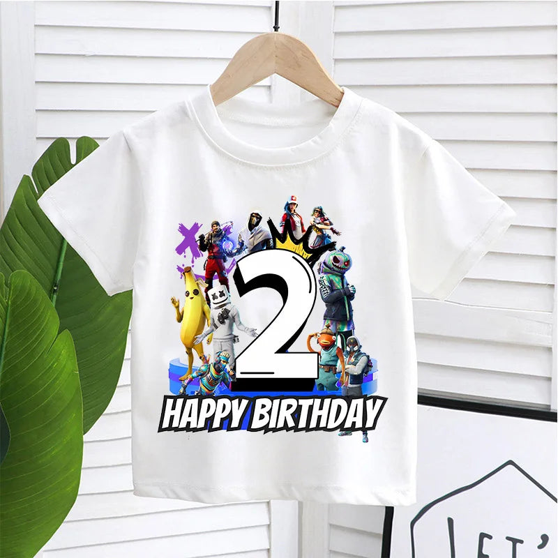 Camiseta infantil de cumpleaños Fortnite con número para niñas y niños, ropa de verano, camiseta de algodón para bebé, tops de manga corta para fiesta, regalo para niños pequeños
