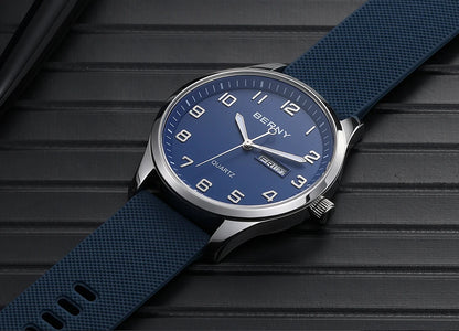 BERNY Men's Watches Luminous Calendar Week Quartz Men Watch Casual Soft Silicone Strap Easy Read Big Dial Sports Wristwatch