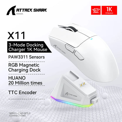 Ratón inalámbrico Attack Shark X11&R1 Tri Mode Bluetooth con base de carga RGB, ergonómico y ligero, accesorio para PC gamer