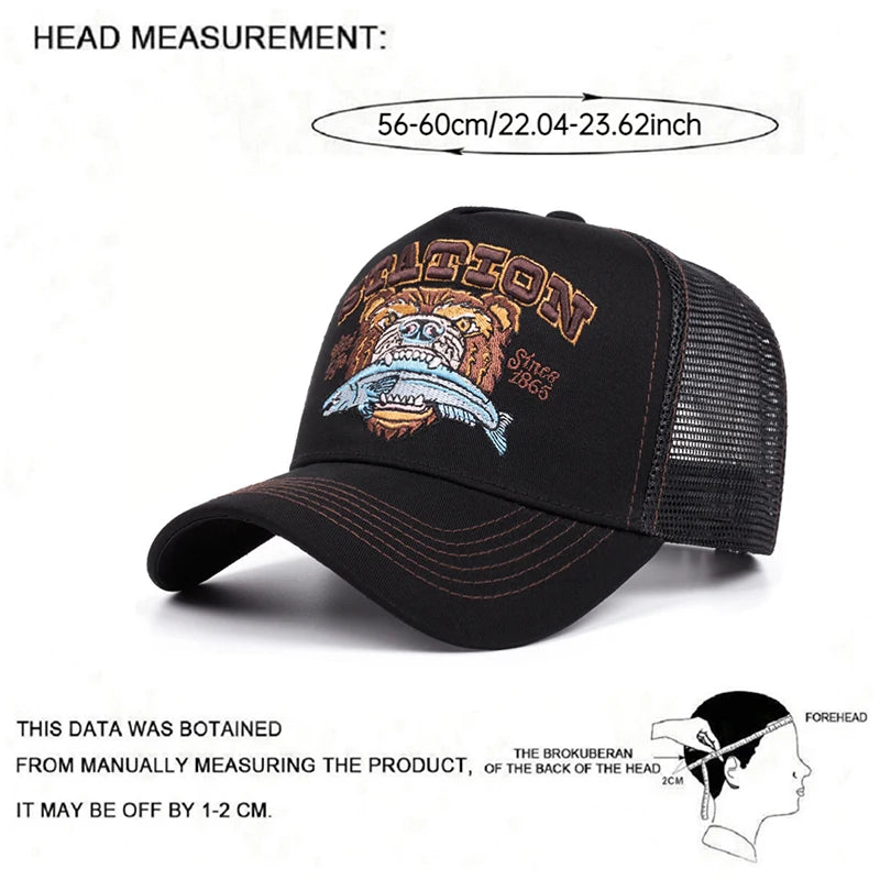 2025 New Bear Eating Fish Street Dance Hip Hop Hat Truck Hat Outdoor Skateboarding Hat Sunshade Baseball Hat Breathable Mesh Hat