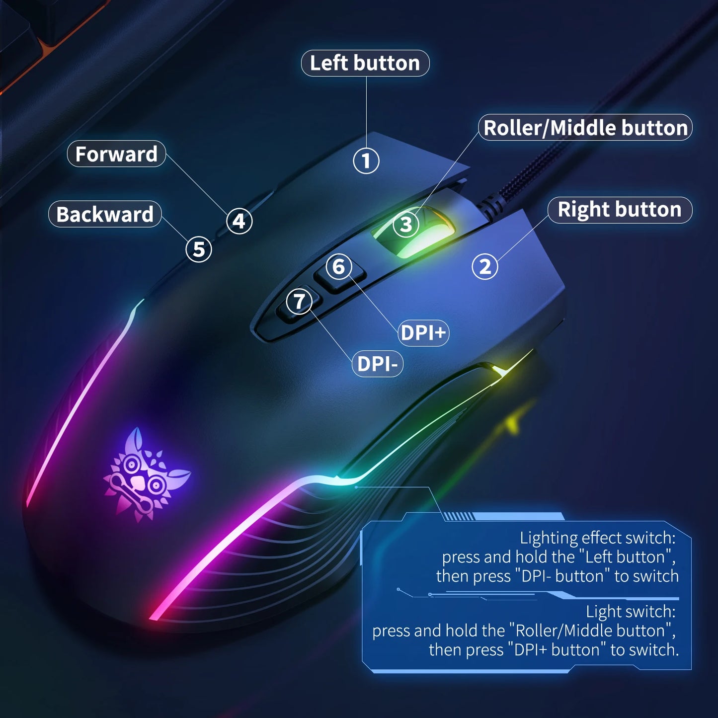 Ratón gaming con cable ONIKUMA, 6 niveles ajustables, 6400 DPI, 7 botones programables, 7 modos de iluminación RGB, diseño ergonómico para gamers de PC