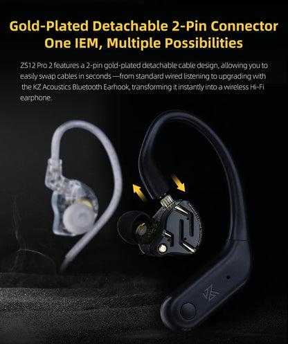KZ ZS12 PRO 2 Hybrid-IEM-Kopfhörer – HiFi-Bass kabelgebundene Gaming-Ohrhörer mit superlinearen Treibern