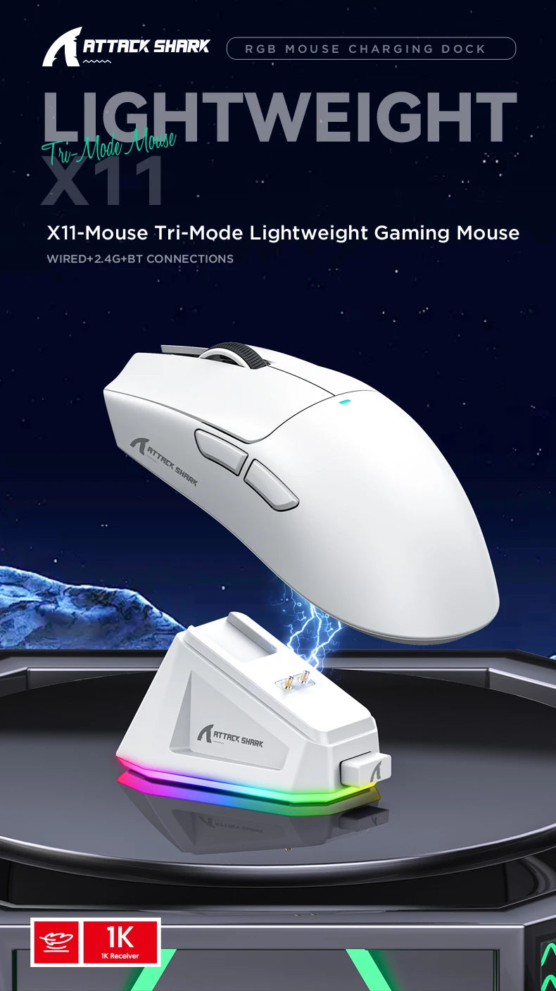 Ratón inalámbrico Attack Shark X11&R1 Tri Mode Bluetooth con base de carga RGB, ergonómico y ligero, accesorio para PC gamer