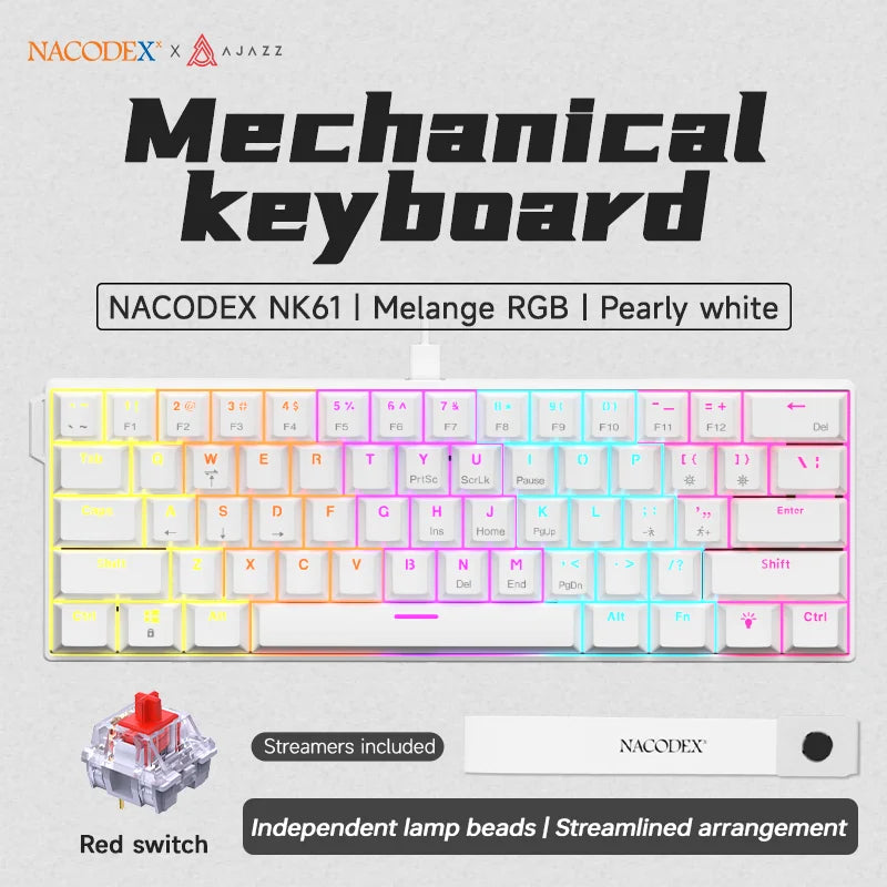 Ajazz NK61 Wired Mechanical Gaming Keyboard 61 Keys RGB Hot-Swap Mixed Color Red Switch Compatible with Win/Mac for Gamers