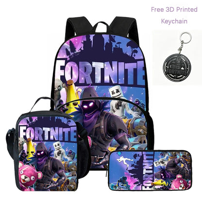 Zaino FORTNITE leggero 3 pezzi con tasca frontale, borsa pranzo, astuccio e portachiavi 3D stampato gratuito per bambini e bambine dai 5 ai 10 anni