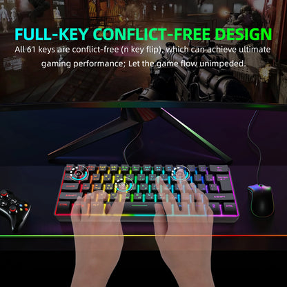 Teclado gaming, teclado ultracompacto de 61 teclas con retroiluminación RGB ruso/inglés, teclados de oficina resistentes al agua con sensación mecánica para gaming