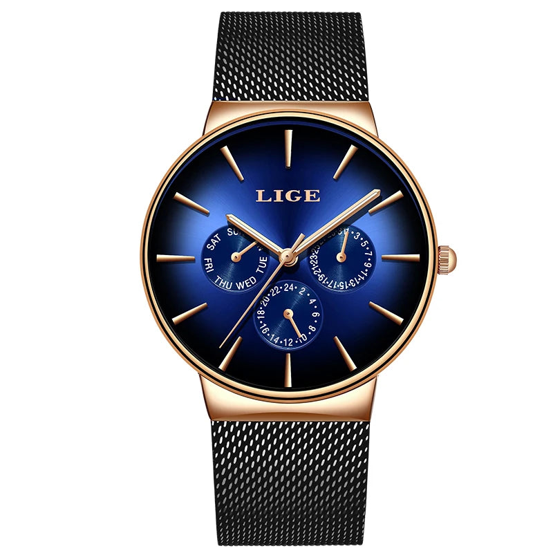 Relógio feminino LIGE, elegante e moderno – Estilo desportivo e descontraído, bracelete em malha, movimento de quartzo, indicação da data e do dia, resistente à água.