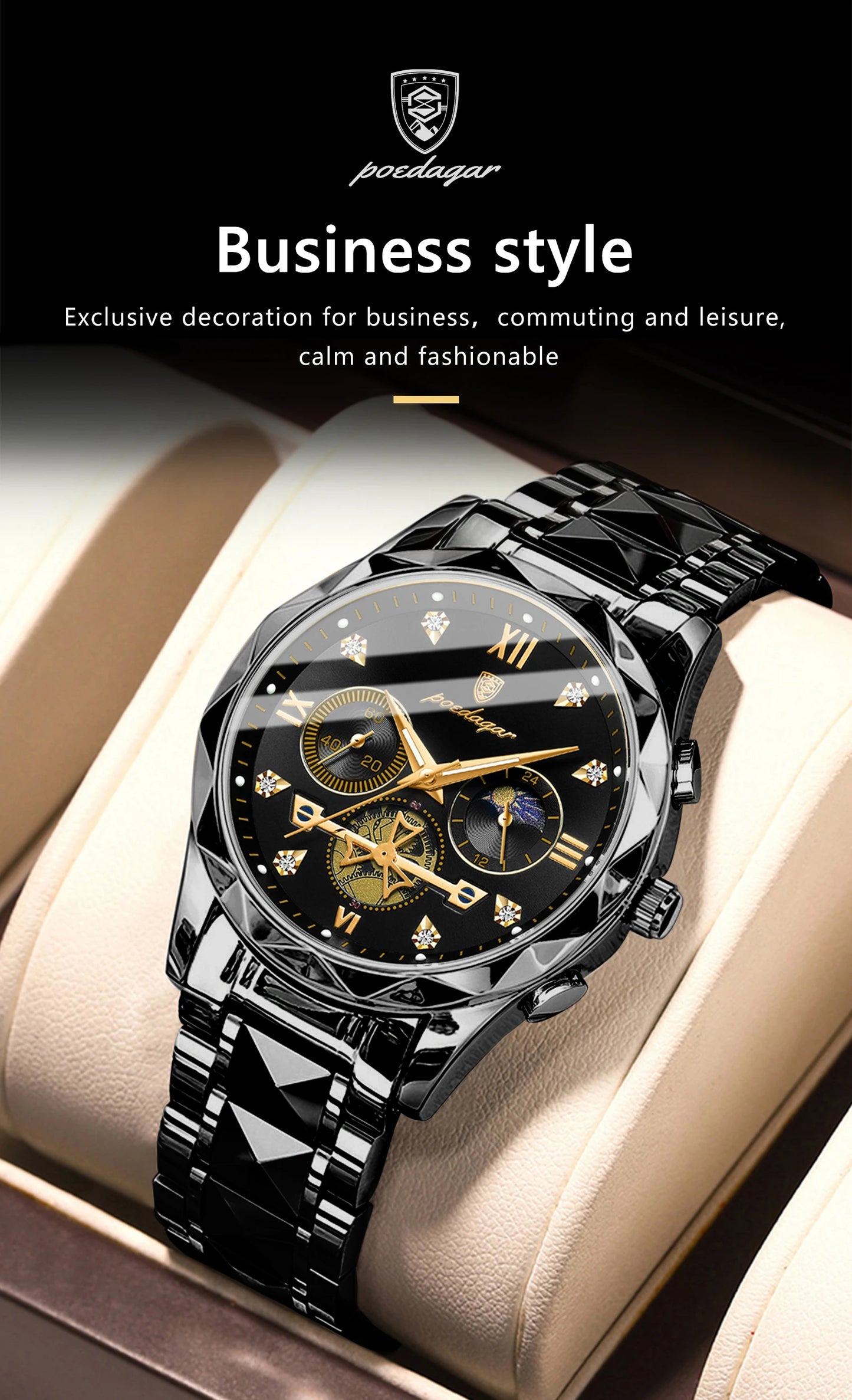 POEDAGAR Top High Quality Man Wristwatch Stainless Steel Chronograph Business Men Watch Waterproof Luminous Quartz Men's Watches
