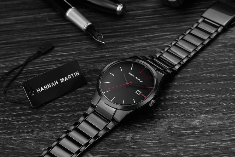 Relógio de homem Hannah Martin, caixa em aço inoxidável, movimento de quartzo, mostrador de 41 mm, estilo profissional, com indicação do calendário (imitação)