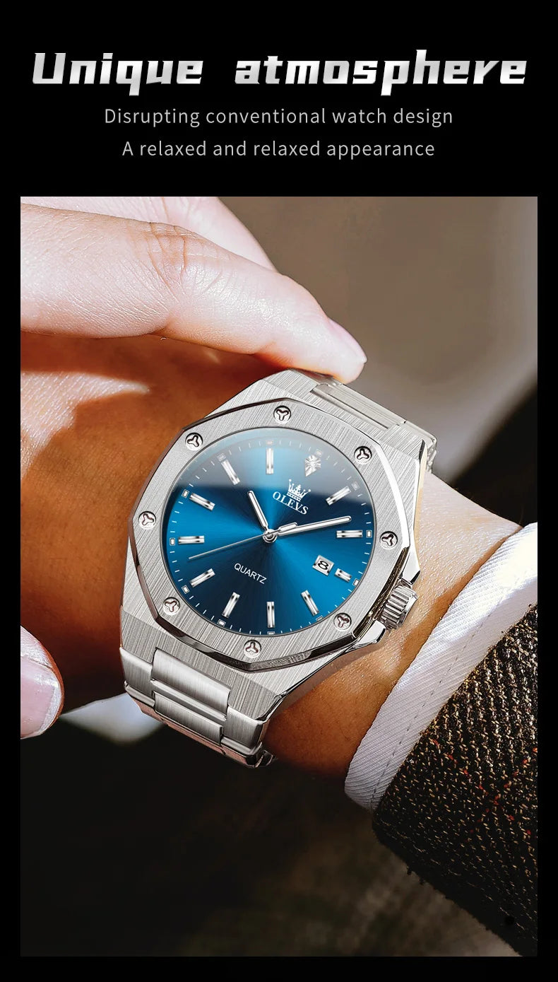 OLEVS Watches For Men Luxury Silver Blue Classic Quartz Watch for Man Waterproof Stainless Steel Luminous Reloj Hombre 2025