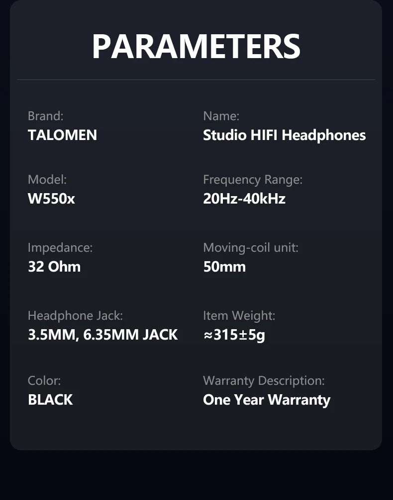 Auriculares de estudio TALOMEN W550x – Auriculares profesionales de monitorización para DJ, circumaurales y con cable, con transductores de 50mm y cable desmontable