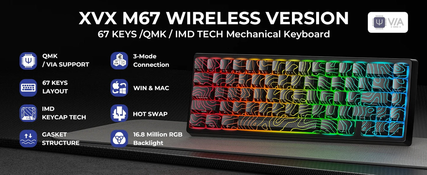Teclado mecánico inalámbrico XVX M67 JadeStone con teclas IMD-Tech, trimodo, diseño topográfico blanco gamer y estructura gasket