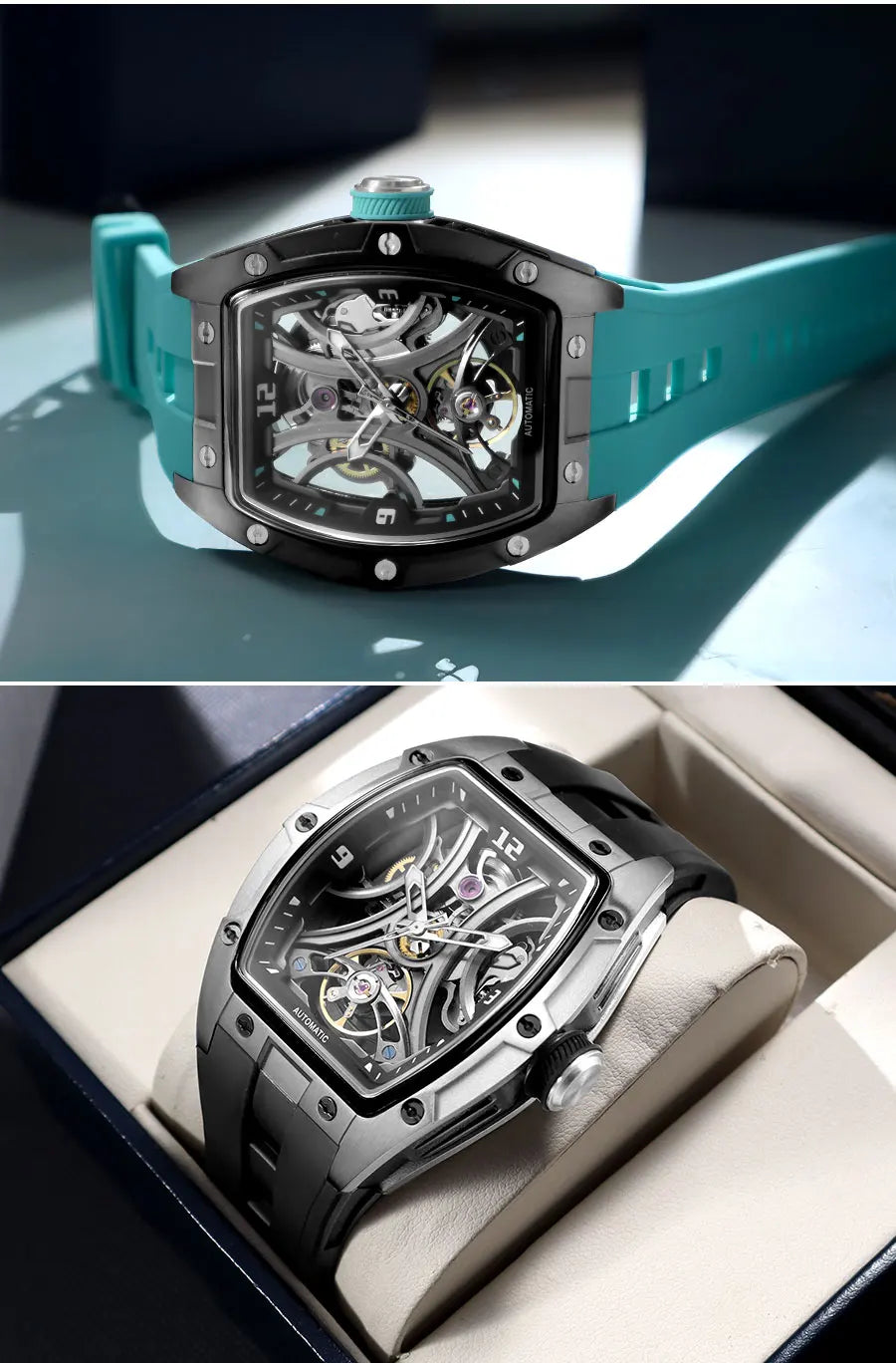 MEGIR Sports Style Automatic Mechanical Watch for Men Full Hollow Transparent Dial Design Stainless Steel Case Silicone Strap