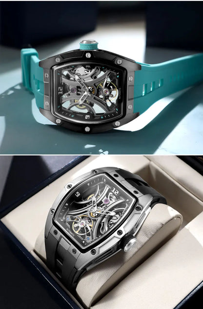 MEGIR Sports Style Automatic Mechanical Watch for Men Full Hollow Transparent Dial Design Stainless Steel Case Silicone Strap