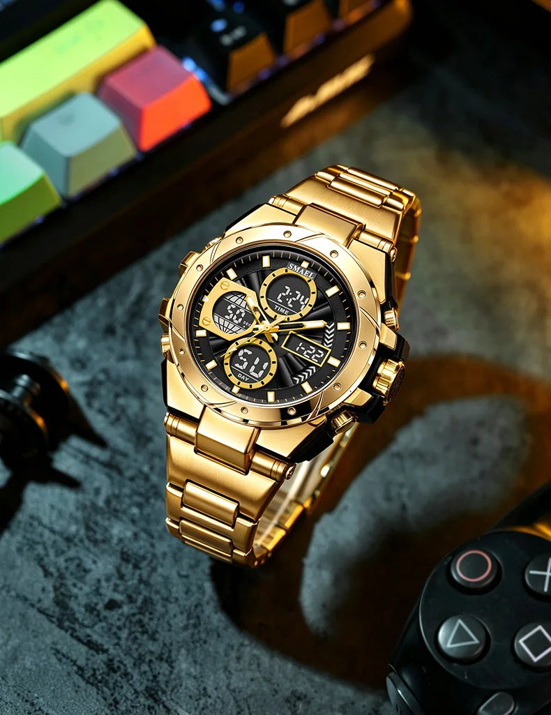 Orologio da uomo SMAEL 8160 – Modello sportivo militare, analogico e digitale, in acciaio inossidabile – Impermeabile, con display a LED, sveglia, cronografo e cronometro