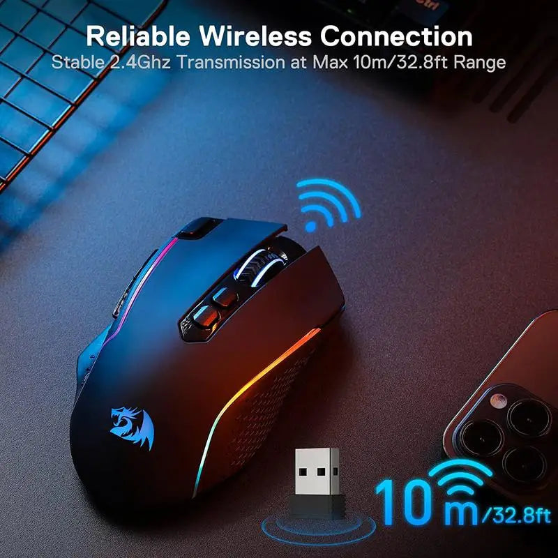 Mouse gaming wireless Redragon M810 Pro, mouse gamer cablato 10000 DPI con tasto Rapid Fire, 8 pulsanti macro, mouse nero/bianco