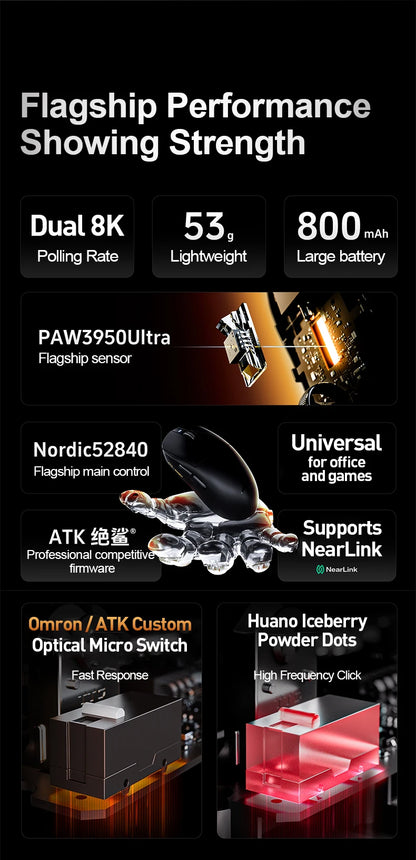 Mouse gaming wireless ATK Dragonfly A9 Ultra PAW3950 ultraleggero tri-mode ergonomico e-sport per gamer FPS A9 SE Plus