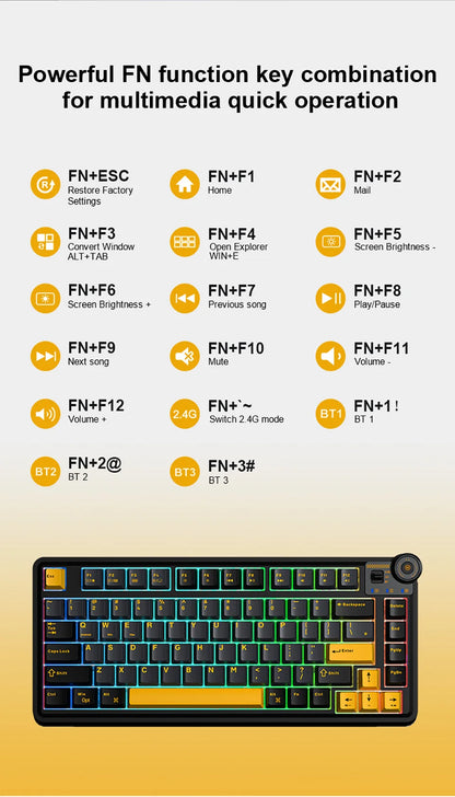 Teclado mecánico gaming esports AULA AU75 de tres modos, 81 teclas, teclas PBT, hot-swappable, RGB, teclado inalámbrico para PC de escritorio y escritura