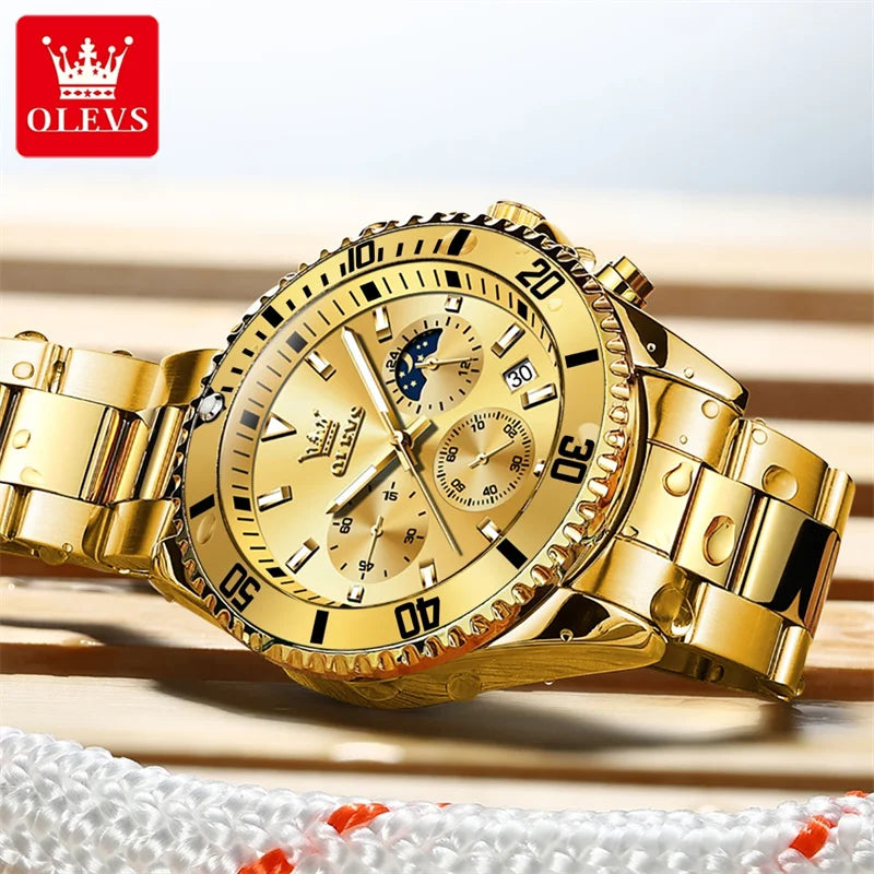 Relógio OLEVS para homem, marca de luxo, relógio militar de quartzo dourado, estanque, data luminosa, caixa em aço inoxidável.