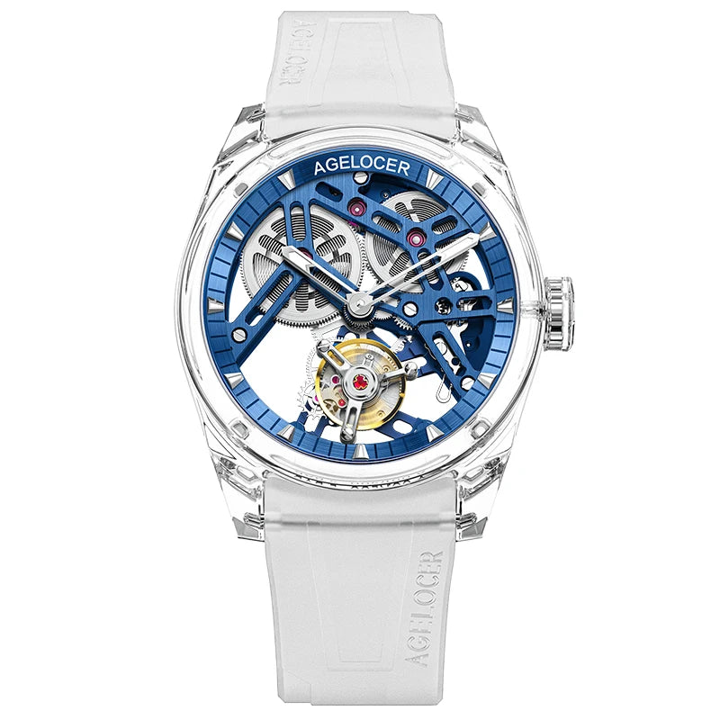 Reloj AGELOCER de edición limitada «Ice Never Melts» con tourbillon de cristal de oscilación libre, reloj mecánico manual de lujo