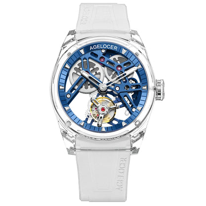 Reloj AGELOCER de edición limitada «Ice Never Melts» con tourbillon de cristal de oscilación libre, reloj mecánico manual de lujo