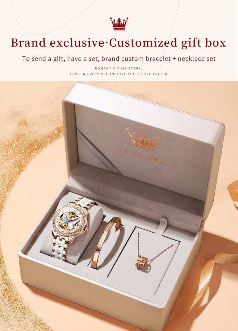 OLEVS 6615 Top Original Automatic Mechanical Wrist Watch for Women Luxury Elegant Diamond Hollow Colorful Butterfly Ladies Watch