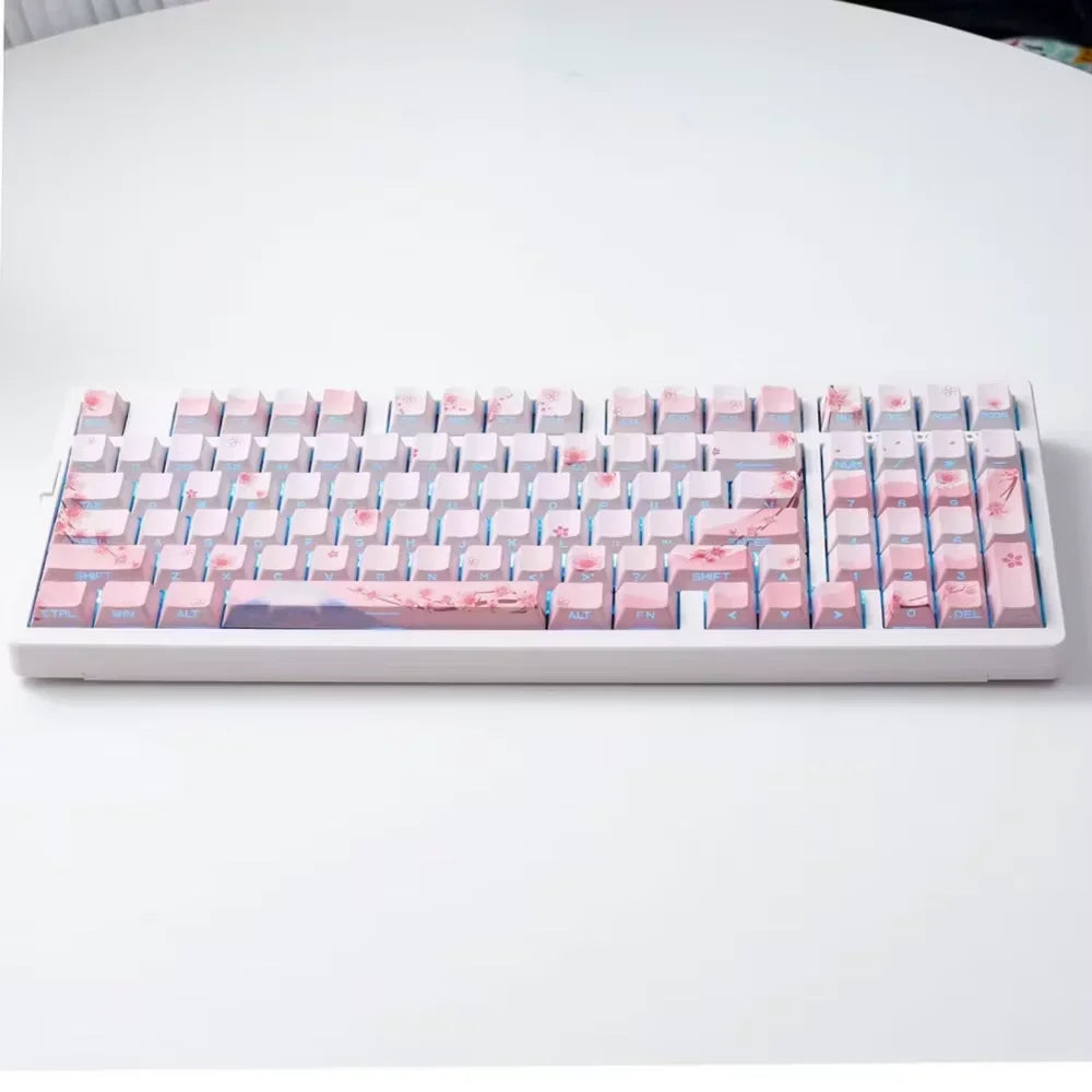 Juego de teclas Sakura Pink con grabado lateral, PBT translúcido, 127 teclas para switches MX y teclados mecánicos 60/84/90/104/108