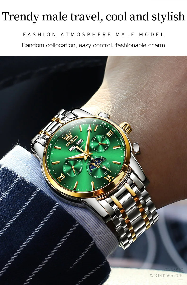 OLEVS 6633 Luxury Men's Watches Automatic Green Watch Men Stainless Steel Waterproof Business Sport Mechanical Wristwatch 6633