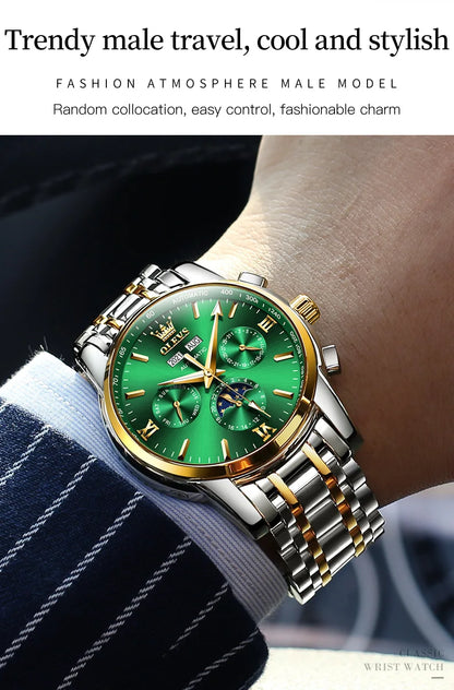 OLEVS 6633 Luxury Men's Watches Automatic Green Watch Men Stainless Steel Waterproof Business Sport Mechanical Wristwatch 6633