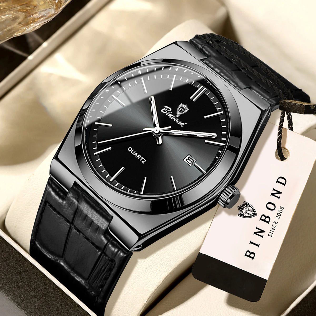 Relógio de pulso de luxo BINBOND com movimento de quartzo para homem – Impermeável, luminoso, com data automática – Estilo profissional, desportivo, moderno e descontraído – Pulseira em pele