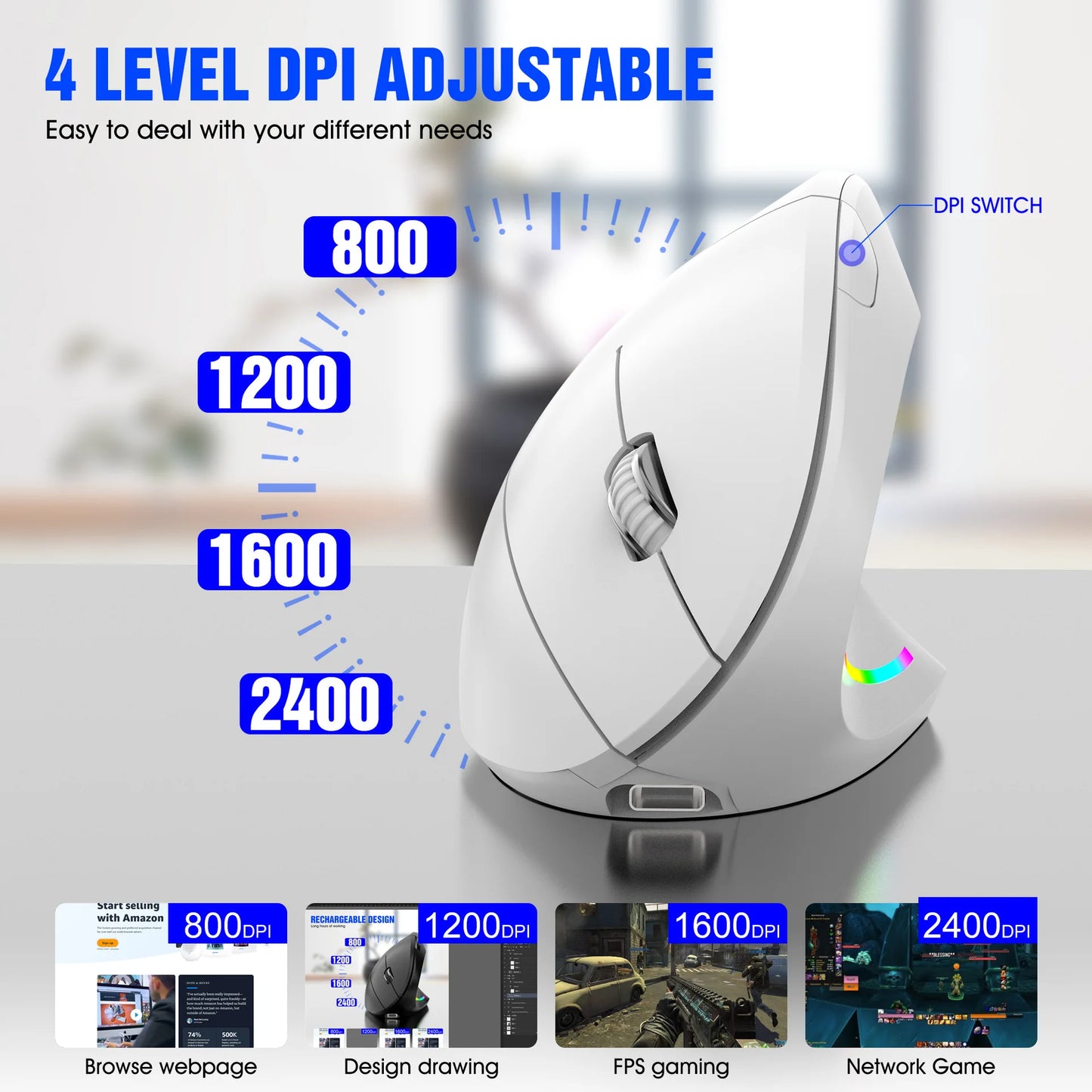 Nuevo ratón vertical inalámbrico 2.4GHz con DPI ajustable, óptico, ergonómico para la muñeca, con retroiluminación gaming, para portátil, tablet, Mac e iPad
