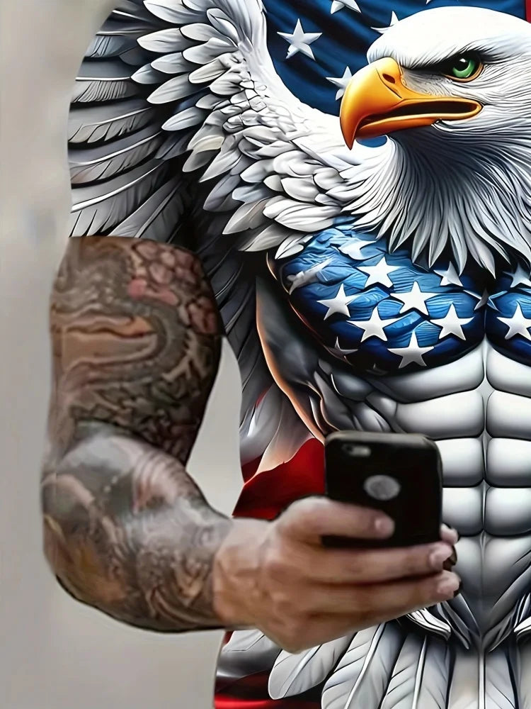 Camiseta patriótica para hombre con estampado 3D de águila, cuello redondo, manga corta y estilo casual, ideal para moda de verano y actividades al aire libre
