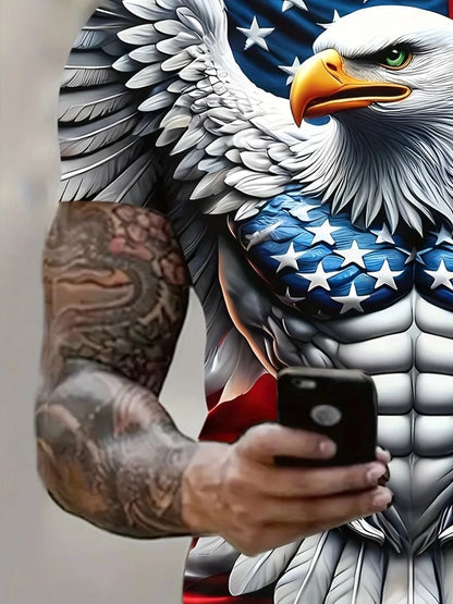 Camiseta patriótica para hombre con estampado 3D de águila, cuello redondo, manga corta y estilo casual, ideal para moda de verano y actividades al aire libre