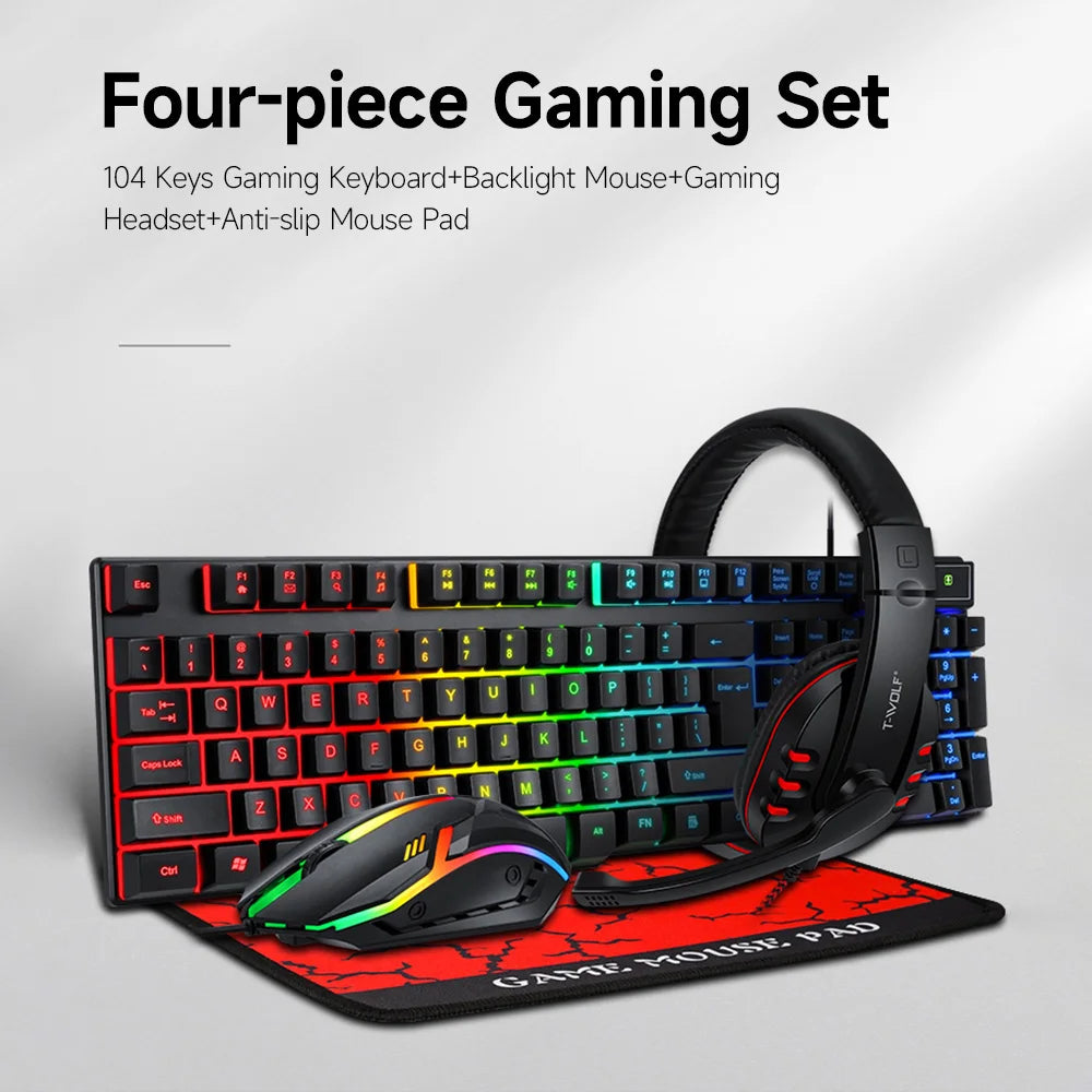 Combo gaming 4 pezzi tastiera e mouse, tastiera ergonomica 104 tasti, mouse con luce breathing a 4 colori, cuffie e tappetino per mouse antiscivolo