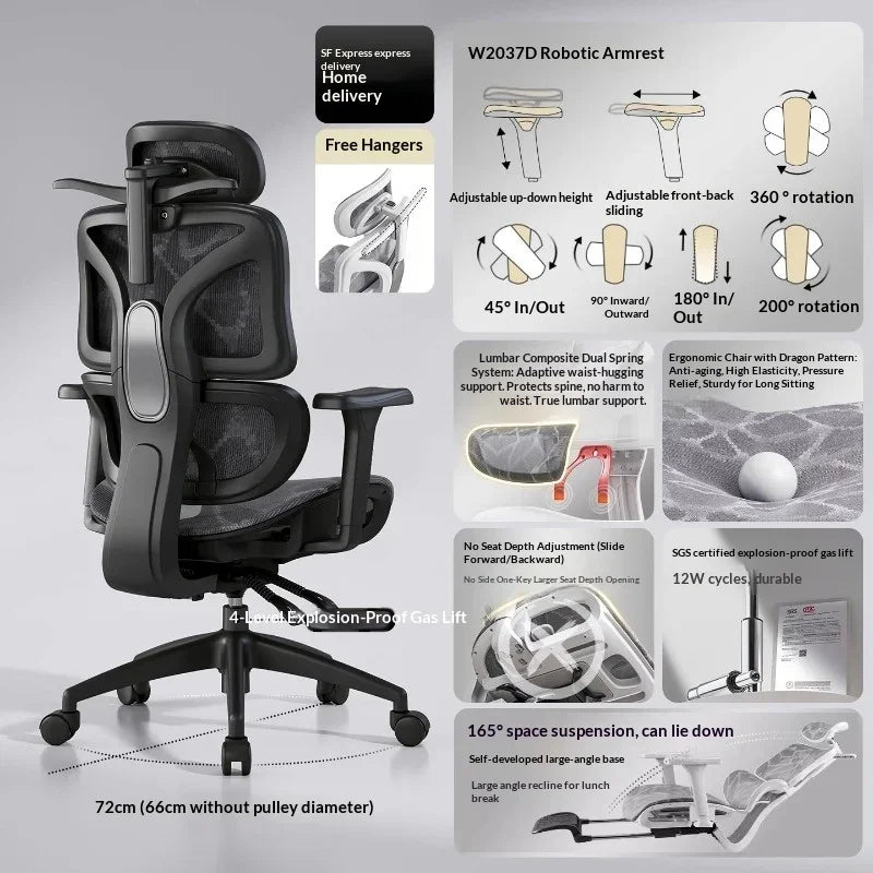 Sedia da ufficio in rete ergonomica con supporto lombare regolabile, girevole e reclinabile, poggiatesta, ruote, per home office e gaming