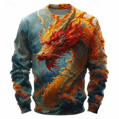 Sudadera para hombre con gráfico de dragón de moda y estampado 3D, elemento cultural tradicional, estilo vintage, pulóver elegante de cuello redondo para otoño, corte holgado