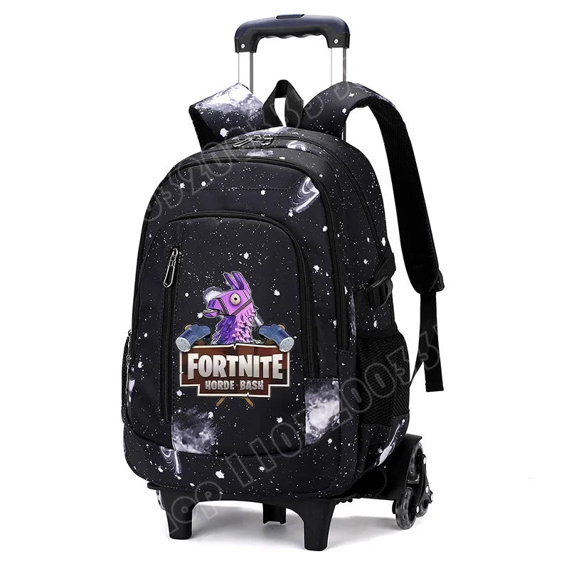 Mochila trolley 2 en 1 Fortnite con estampado de cielo estrellado, gran capacidad, impermeable, compartimento para portátil, diseño para subir escaleras, mochila escolar para estudiantes